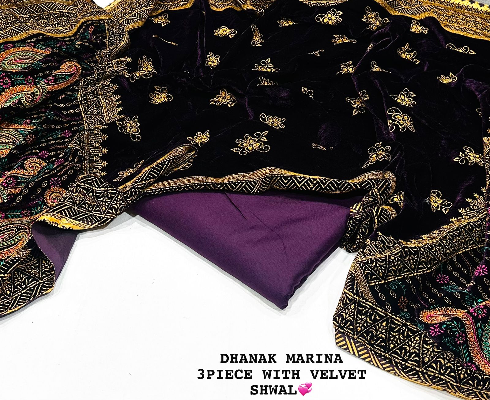 Premium Dhanak Marina 3-Piece Suit with Fancy Velvet Shawl - Winter Collection